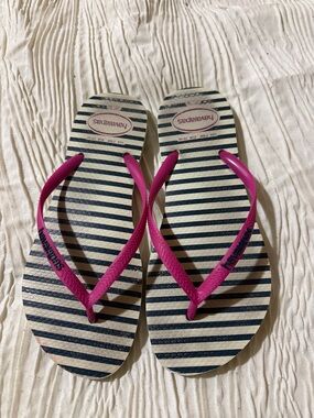 Havaianas Navy and White Striped Flip Flops with Magenta Straps